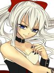  achiba bangs bare_shoulders belt black_nails blue_eyes breasts cleavage collar collarbone cuffs eyelashes fairy_tail hair_ribbon hands long_hair medium_breasts mirajane_strauss nail_polish naughty_face ponytail ribbon simple_background sleeveless solo teenage white_hair younger 