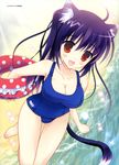  absurdres animal_ears barefoot blush breasts cat_ears chimaro cleavage copyright_request highres innertube large_breasts one-piece_swimsuit open_mouth red_eyes school_swimsuit solo swimsuit tail 