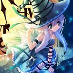  bow clock green_eyes hat lowres nishiwaki_yuuri ribbon silver_hair smile thighhighs thighighs witch witch_hat 
