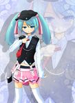  adjusting_clothes adjusting_necktie aqua_hair bad_id bad_pixiv_id belt blue_eyes blush floral_print hassima hat hatsune_miku heart highres long_hair long_sleeves midriff navel necktie shadow skirt solo thighhighs twintails vest vocaloid zettai_ryouiki zoom_layer 