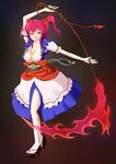  absurdres alternate_weapon bad_id bad_pixiv_id breasts cleavage clog_sandals hair_bobbles hair_ornament highres large_breasts mokk nail_polish onozuka_komachi pink_nails red_eyes red_hair scythe short_hair solo touhou two_side_up weapon 