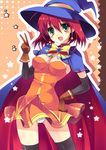  alice_wishheart bad_id bad_pixiv_id blue_capelet bow cape capelet earrings fang green_eyes hat jewelry magical_halloween orange_skirt panties pantyshot red_hair skirt star star_earrings thighhighs underwear v witch witch_hat yellow_bow yukiwo 