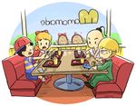  3boys artist_request black_eyes black_hair blonde_hair bubble_monkey food gameplay_mechanics glasses hat jeff_andonuts mother_(game) mother_2 multiple_boys ness paula_(mother_2) poo_(mother_2) restaurant ribbon smile 