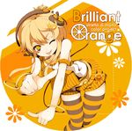  ;p blending blonde_hair headphones one_eye_closed orange_(color) orange_legwear original short_hair solo striped striped_legwear thighhighs tongue tongue_out uruu_gekka yellow_eyes 