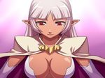  aq_interactive arcana_heart atlus breast_clinging breasts dark_skin elf examu large_breasts large_heair long_hair misao_(kami_no_misoshiru) parace_l&#039;sia parace_l'sia pointy_ears red_eyes silver_hair 