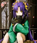  bad_id bad_pixiv_id cherry_blossoms highres kikokugai kong_ruili long_hair max0201 purple_hair sitting solo sword weapon yellow_eyes 