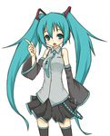  aqua_eyes aqua_hair bad_id bad_pixiv_id detached_sleeves hatsune_miku headset long_hair necktie open_mouth pointing simple_background skirt solo takegushi thighhighs twintails very_long_hair vocaloid 