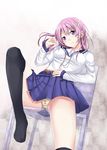  bad_anatomy blue_eyes blush hair_ornament hairclip head_tilt kaerunoashi legs long_hair original panties pantyshot pantyshot_(sitting) pink_hair pleated_skirt school_uniform sitting skirt solo striped striped_panties thighhighs underwear upskirt 