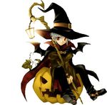  androgynous bat_wings black_pants black_shoes boots cape full_body halloween hat jack-o'-lantern jack-o-lantern leaf lowres pants pointy_ears popped_collar pumpkin red_eyes shoes silver_hair simple_background solo staff vines wings witch witch_hat 