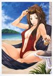  alcohol armpits beach bracelet breasts brown_hair cigarette cleavage cup day drink drinking_glass eyewear_on_head face forehead glass glasses hammock hands high_ponytail highres jewelry large_breasts lips naomi_(nmh) navel no_more_heroes ocean one-piece_swimsuit sand smoking solo sunglasses swimsuit tomozo_kaoru wavy_hair wet yellow_eyes 