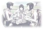  3girls adult age_comparison bare_arms bowl bread breasts cardigan chair cleavage cowboy_bebop dip eating eyes_closed fantasy faye_valentine food gun hotpants jacket midriff monochrome multiple_girls multiple_versions older outdoors outside pitcher school_uniform short_hair short_shorts shorts sitting smile soup suspenders table thigh_highs thighhighs time_paradox tree weapon wrist_bands wristband young younger 