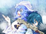  back-to-back bad_id bad_pixiv_id blue_eyes blue_hair bow cirno hair_bow hair_ribbon hand_on_own_chest hat issin. letty_whiterock multiple_girls music open_mouth ribbon scarf shared_scarf short_hair singing snow snowing touhou wings winter 