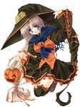  blue_eyes hair halloween hat jack-o'-lantern jack-o-lantern pumpkin silver silver_hair thigh-highs thighhighs witch witch_hat 