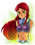  aura breasts cleavage dc_comics gorget green_eyes hati medium_breasts midriff navel red_hair solo starfire teen_titans 