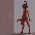  1girl barefoot belt black_hair breasts brown_eyes demon_horns demon_tail feet female flat_chest genderswap hellboy hellboy_(comic) horns jacket midriff phallic pointy_ears red_skin short_hair shorts small_breasts solo tail yunori 