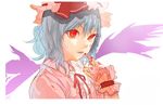  bad_id bad_pixiv_id blood blue_hair bow finger_to_mouth frills hat nail_polish pink_nails red_eyes remilia_scarlet ribbon short_hair solo tomono_rui touhou wings wrist_cuffs 
