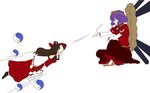  bow bowl brown_hair detached_sleeves hair_bow hakurei_reimu long_hair mabui multiple_girls onbashira purple_hair rice_bowl rice_porridge short_hair throwing touhou yasaka_kanako yin_yang 