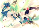  1girl aqua_eyes aqua_hair blue_eyes blue_hair blue_scarf detached_sleeves flower gaha hair_ribbon hatsune_miku kaito long_hair paper petals ribbon scarf skirt twintails vocaloid 