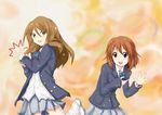  brown_eyes brown_hair castanets dancing extra hirasawa_yui instrument k-on! long_hair loose_socks mitsuki_shion multiple_girls school_uniform short_hair socks tachibana_himeko un_tan 