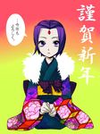  1girl bindi dc_comics female floral_print grey_skin japanese_clothes kimono nobumichi obi purple_eyes purple_hair raven_(dc) sash short_hair sitting solo teen_titans violet_eyes 