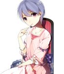  bad_id bad_pixiv_id blue_hair chair dress jewelry mouth_hold necklace original purple_eyes sasamori_tomoe short_hair sitting solo 