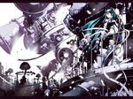  aircraft airplane aqua_eyes bandages bird eyepatch feathers hatsune_miku intravenous_drip koi_wa_sensou_(vocaloid) long_hair megaphone necktie scenery skirt solo thighhighs torigoe_takumi torn_clothes twintails very_long_hair vocaloid 