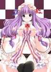  black_legwear black_panties blush breasts colored_eyelashes covered_nipples eyelashes hat highres kaneru large_breasts long_hair navel open_clothes open_robe panties patchouli_knowledge purple_eyes purple_hair ribbon robe shy side-tie_panties solo tareme thighhighs touhou underwear 