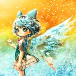 blue_eyes blue_hair bow cirno embellished_costume hair_bow ice ice_wings short_hair solo souri touhou wings 