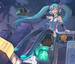  aqua_eyes aqua_hair cityscape detached_sleeves hatsune_miku headset legs long_hair shizuma_yoshinori sitting skirt solo thighhighs twintails very_long_hair vocaloid zettai_ryouiki 