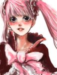  ananananan blush lowres one_piece perona pink_hair ribbon simple_background smile solo twintails 