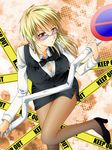  blonde_hair bow bowtie breasts brown_eyes caution_tape durarara!! forest2 genderswap genderswap_(mtf) heiwajima_shizuo high_heels keep_out large_breasts legs long_hair miniskirt pantyhose pencil_skirt shoes sign skirt solo sunglasses tuxedo vest 