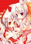  amaterasu animal_ears bad_id bad_pixiv_id hinayuki_usa japanese_clothes multiple_girls ookami_(game) orange_eyes personification shippou_(pattern) shippou_background white_hair wolf_ears 