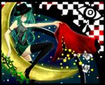  bad_id bad_pixiv_id blue_eyes boots cape card checkered checkered_background crescent falling_card hat hatsune_miku heterochromia high_heels long_hair necktie red_eyes saku_(pixiv1577611) shoes skirt smile solo thigh_boots thighhighs vocaloid 