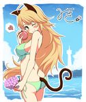  ahoge akabane_(zebrasmise) animal_ears apple bikini blonde_hair blush breasts butt_crack food front-tie_top fruit grapes green_bikini green_eyes heart holding holding_food holding_fruit hoshii_miki idolmaster idolmaster_(classic) kemonomimi_mode lighthouse long_hair medium_breasts ocean one_eye_closed side-tie_bikini sideboob solo swimsuit tail 