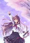  absurdres brown_eyes brown_hair cherry_blossoms commentary_request graduation highres long_hair mauve original outstretched_arm ribbon school_uniform serafuku smile solo tears tree very_long_hair waving yellow_eyes 