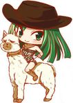  achiba bare_shoulders boots chibi cowboy_hat dress fairy_tail green_eyes green_hair hat long_hair lowres neckerchief reins riding sleeveless smile solo visca_mulan 