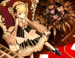  blonde_hair blue_eyes dress drill_hair gothic_lolita hair_ribbon letter lolita_fashion long_hair original ribbon sleeves_past_wrists solo throne twin_drills twintails xyh 