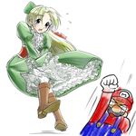  blue_eyes blush boots bow genderswap green_eyes green_hair mario mario_(series) nintendo personification ribbon skirt super_mario_bros. yoshi 