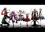  bad_id bad_pixiv_id bat_wings checkered checkered_floor crossed_legs curtsey flandre_scarlet highres hong_meiling izayoi_sakuya koakuma letterboxed lineup maid multiple_girls patchouli_knowledge perspective remilia_scarlet sako_(onikaki) touhou watson_cross wings 