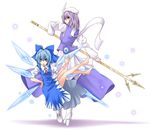  blue_hair boots cirno hat high_heels iseki_mitsuharu letty_whiterock multiple_girls polearm shoes snowflakes touhou trident weapon 