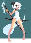  barefoot black_hairband blue_eyes blush bow bowtie feet full_body ghost hairband katahira_masashi katana konpaku_youmu konpaku_youmu_(ghost) one-piece_swimsuit open_mouth school_swimsuit sheath sheathed short_hair simple_background solo standing swimsuit sword touhou weapon white_hair white_school_swimsuit white_swimsuit 