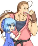  1girl ahoge blue_eyes blue_hair bow brown_eyes brown_hair cirno clenched_hand crossover haty hibiki_dan street_fighter street_fighter_iv_(series) touhou 