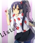  black_hair blue_legwear blush casual cowboy_shot food fruit hair_bobbles hair_ornament highres holding holding_food holding_fruit ichi_makoto k-on! listen!! nakano_azusa pantyhose polka_dot side_ponytail solo strawberry symbol-shaped_pupils yellow_eyes 