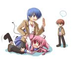  1girl 2boys ahoge angel_beats! ankle_lace-up blue_hair boots cross-laced_footwear fighting highres hinata_(angel_beats!) multiple_boys otonashi_(angel_beats!) pink_hair ryuuga_nanamaru school_uniform serafuku submission_hold wrestling yui_(angel_beats!) 