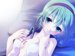  alternate_hair_length alternate_hairstyle aqua_eyes aqua_hair bad_id bad_pixiv_id blush hairband hatsune_miku hiiro_(kikokico) looking_at_viewer lying open_clothes open_shirt pillow shirt short_hair smile solo vocaloid 