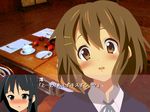  akiyama_mio black_eyes black_hair blazer blush brown_eyes brown_hair hair_ornament hairclip hime_cut hirasawa_yui jacket k-on! long_hair multiple_girls oyu_no_kaori school_uniform translated visual_novel yuri 