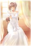  artist_request blush bride chair closed_eyes copyright_request curtains dress elbow_gloves flower gloves hair_flower hair_ornament happy_tears jewelry necklace pink_hair sitting smile solo tears wedding_dress white_dress white_gloves 