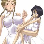  black_hair bleach braid breasts brown_hair china_dress chinese_clothes covered_nipples crossed_legs dress hair_between_eyes inoue_orihime kuchiki_rukia large_breasts long_legs mosha multiple_girls sitting 