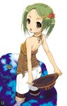  :o arms_behind_back bandaid bandaid_on_ass bandaid_on_clothes bare_arms brown_eyes flower frog from_behind green_hair hair_flower hair_ornament hairclip halter_top halterneck hat hat_removed headwear_removed holding holding_hat looking_at_viewer looking_back marimo_(t2_h_t) open_mouth original shorts solo twintails wading water 