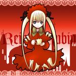  :o artist_request blonde_hair blue_eyes bonnet bow bowtie building cross cup dress flower green_bow green_neckwear holding holding_cup long_hair long_sleeves looking_at_viewer red red_dress rose rozen_maiden saucer shinku sidelocks solo 